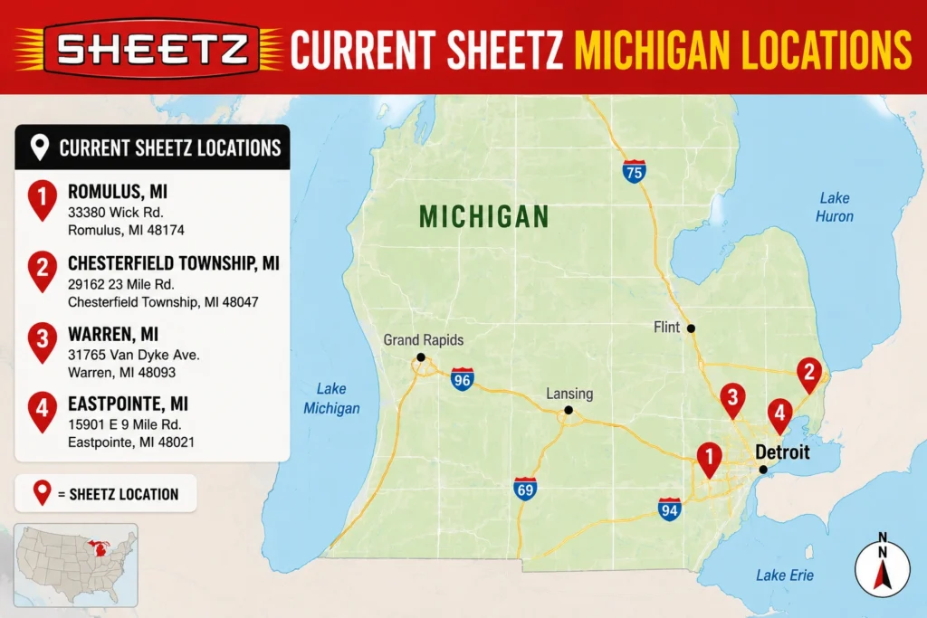 Michigan map showing current Sheetz store locations including Romulus Warren Chesterfield and Eastpointe