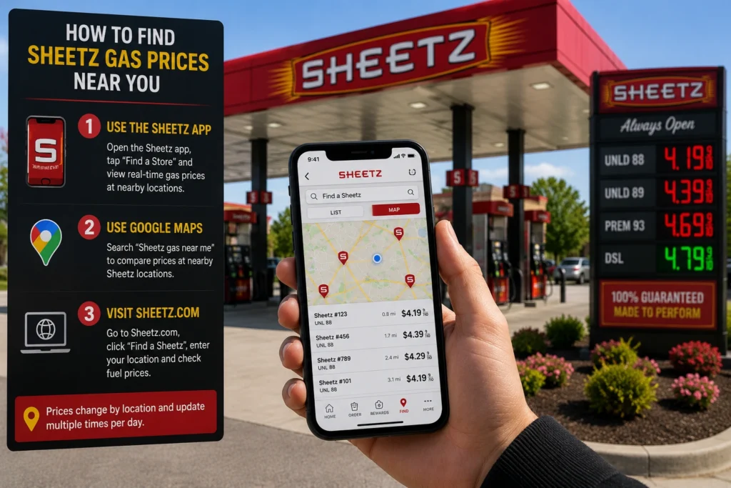 Driver using mobile phone to find Sheetz gas prices nearby