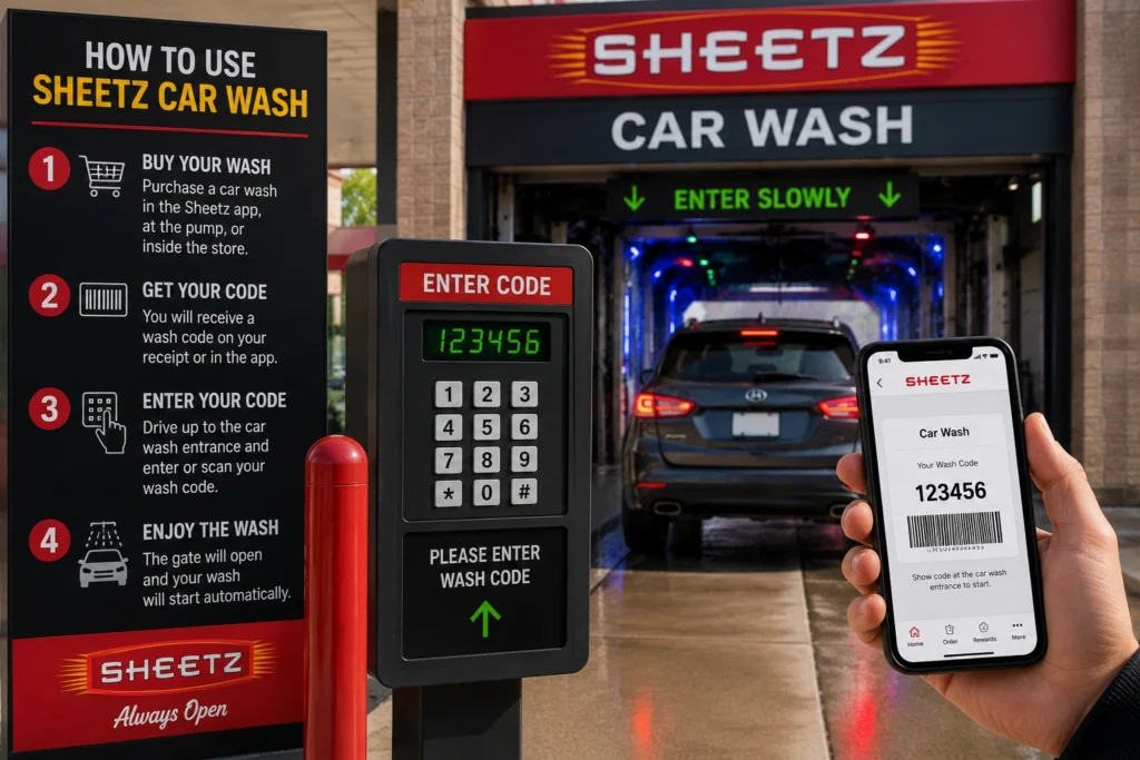 Driver using Sheetz car wash code at automated wash entrance