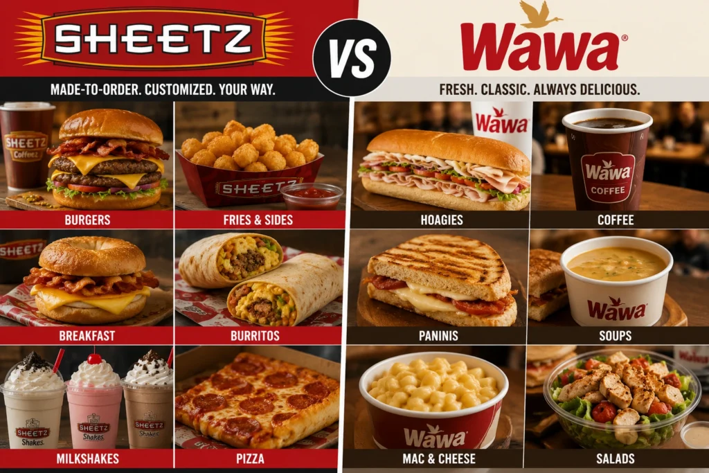 Sheetz and Wawa food comparison showing burgers, hoagies, breakfast sandwiches, snacks, and made to order meals