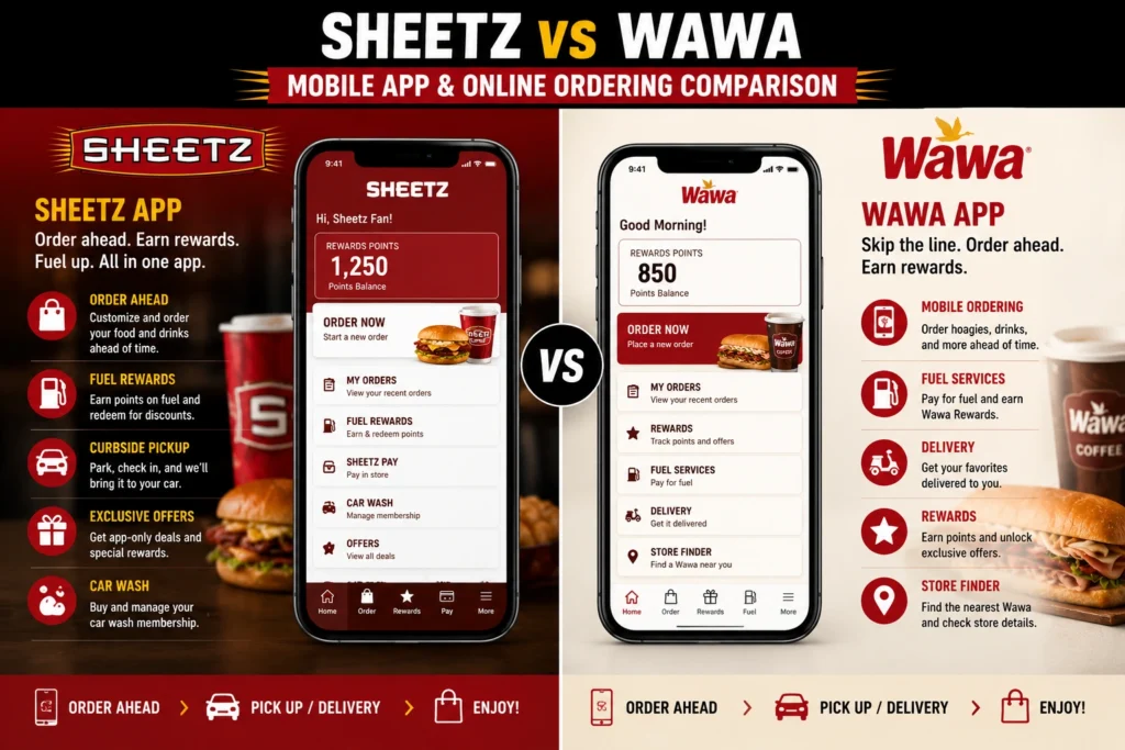 Sheetz app and Wawa app comparison for mobile ordering, rewards, pickup, delivery, and online ordering features